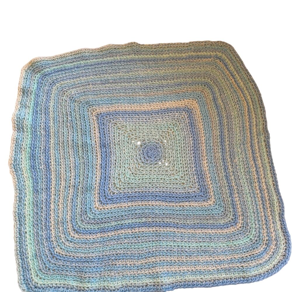 Handmade Crochet baby Blanket Blue Mint Cream Floral Center 30" Square